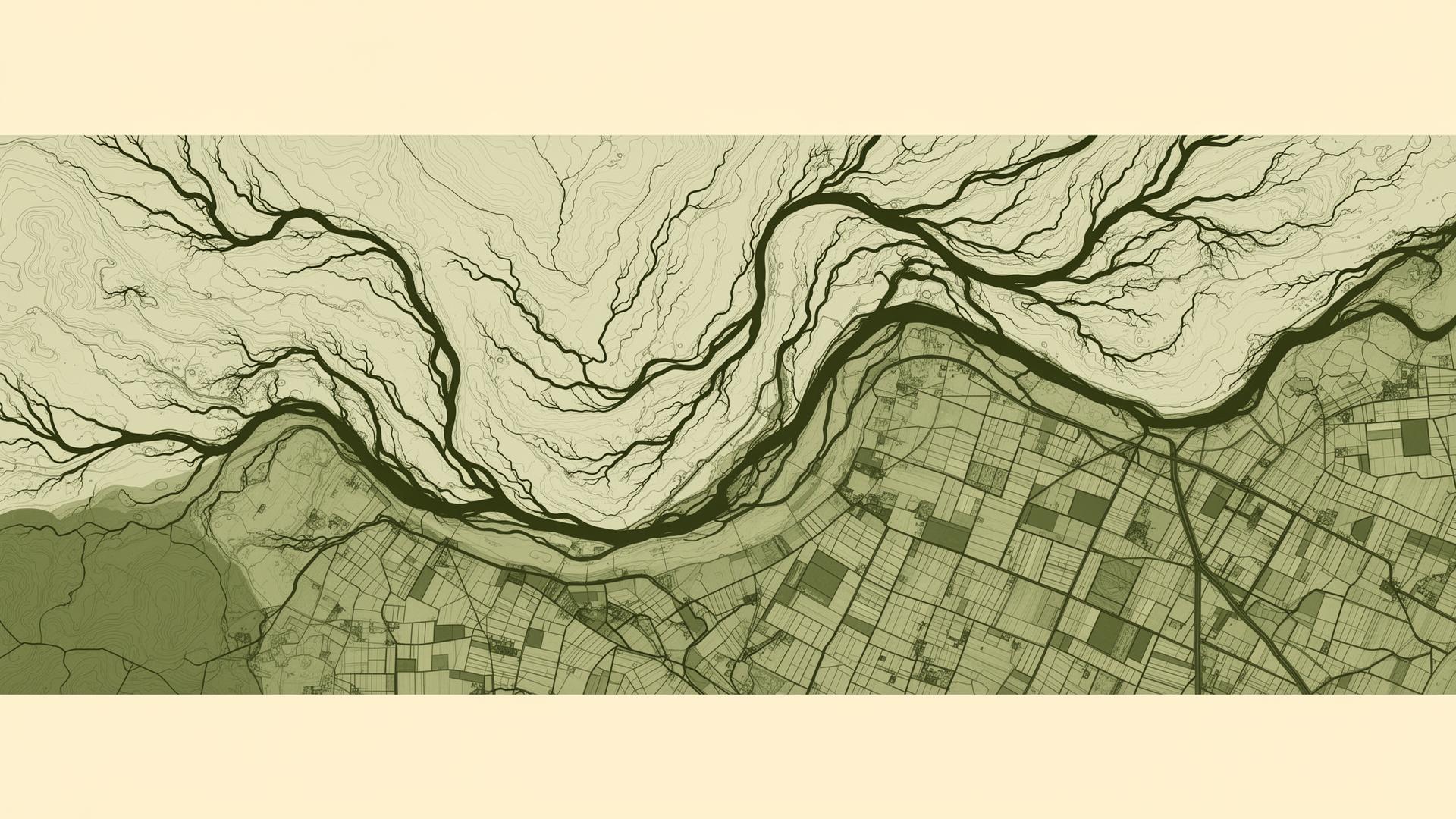 Aerial view of the Mekong Delta: rice paddies, irrigation canals, and busy cargo boats at golden hour
